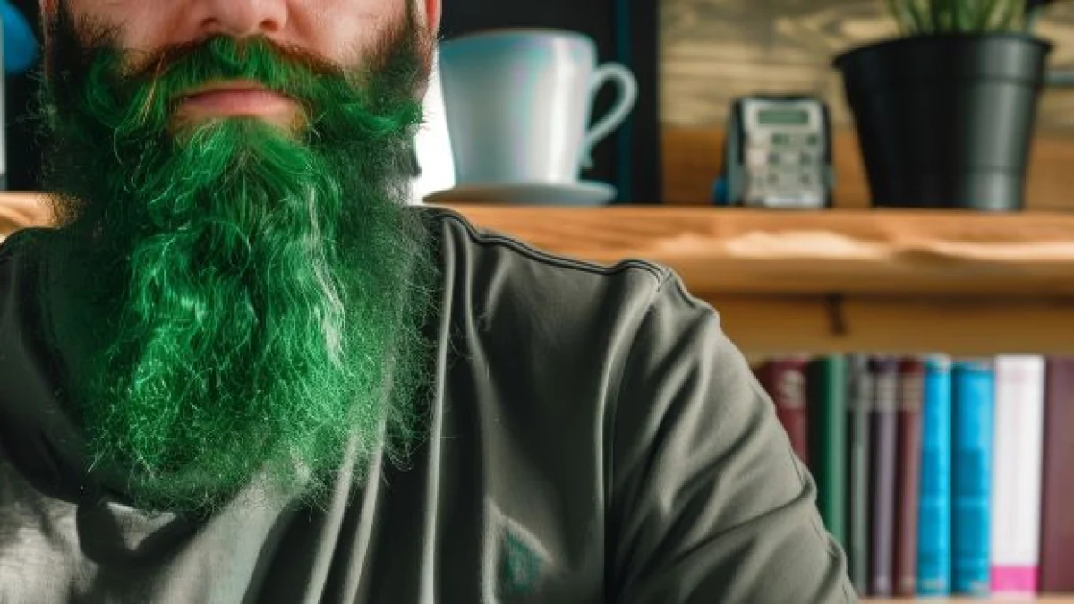 uomo con la barba verde al lavoro